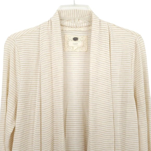 Cupio Open Front Cardigan Sweater Size M Slash Pockets Beige Brown Stripe - Picture 3 of 9